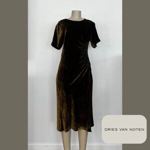 Dries Van Noten | Brown Velvet Ruched Midi Dress